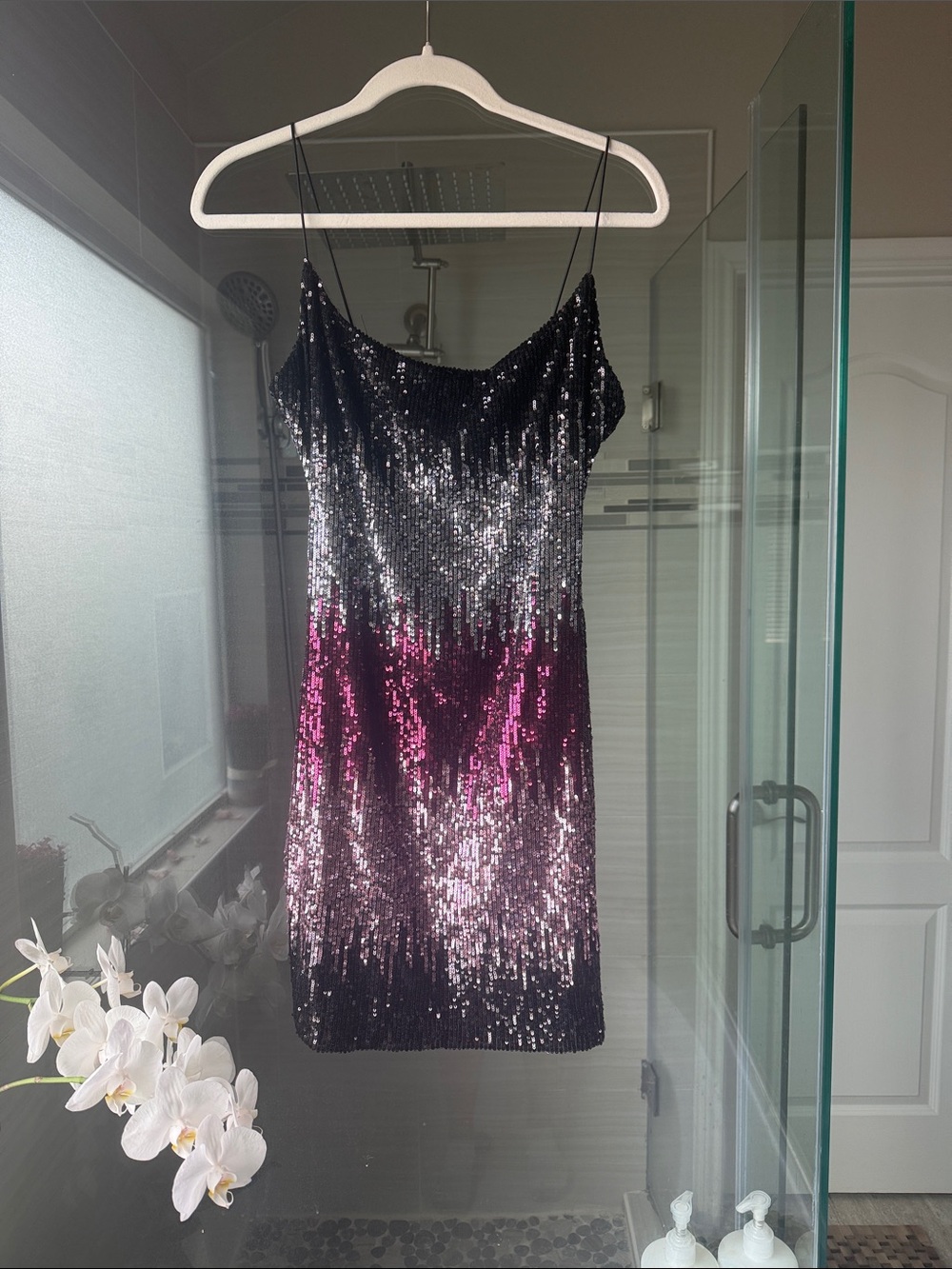 B Darlin Black and Fuchsia Sequin Ombre Slip Dress